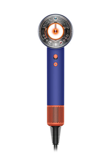 A sleek blue hair dryer with orange accents and a visible circular heating element, designed with advanced features for precision styling.