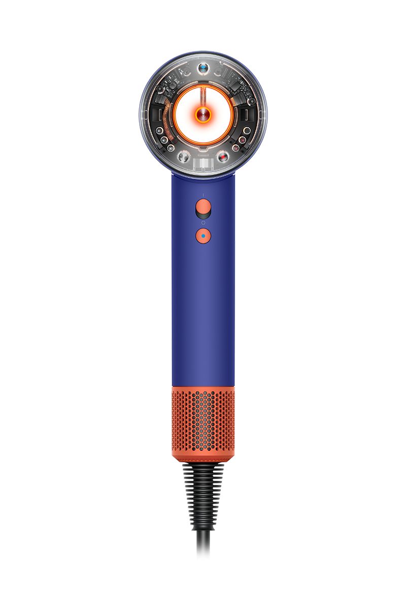 A sleek blue hair dryer with orange accents and a visible circular heating element, designed with advanced features for precision styling.